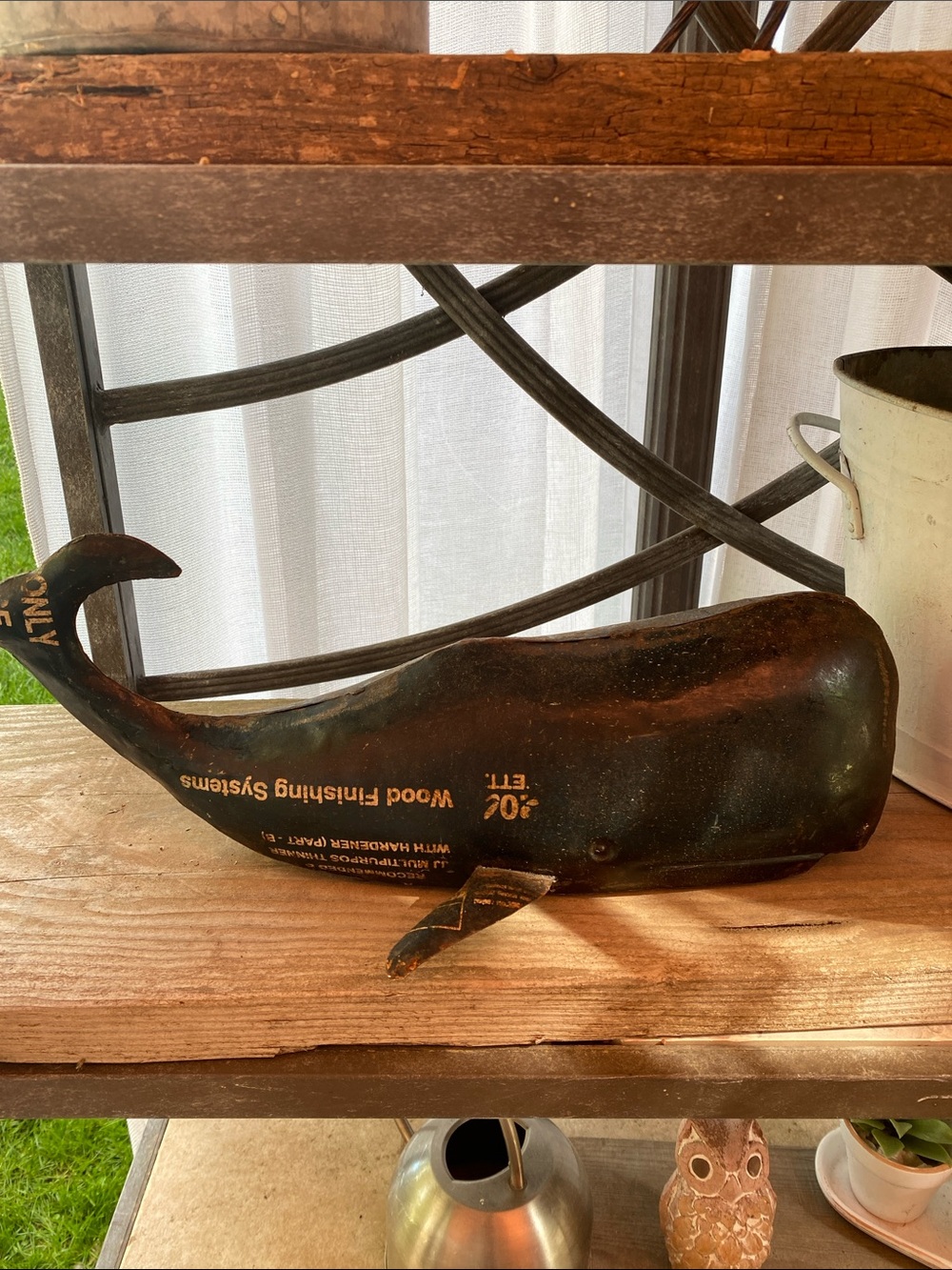 Unique Metal Oil Tanker Cans made into  art  Metal Whale Figurine Vintage Print
